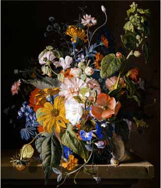 Painting Code#6262-Huysum, Jan Van - Poppies, Hollyhock, Morning Glory, Viola, Daisies, Sweet Pea, Marigolds and Other Flowers in a Vase