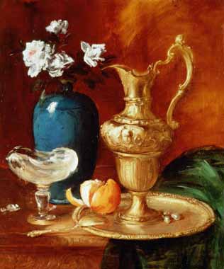 Painting Code#6269-Antoine Vollon - Still Life of a Gilt Ewer, Vase of Flowers and a Facon De Venise Bowl