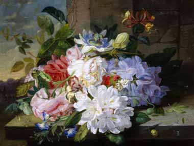 Painting Code#6279-John Wainwright - Pretty Still Life of Roses, Rhododendron and Passionflower