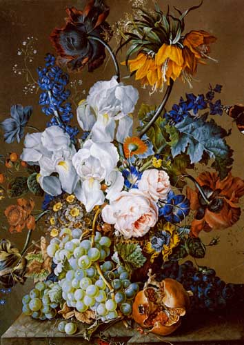 Painting Code#6287-Hartinger, Anton(Austria): An Elaborate Floral Still Life with a Pomegranate, Grapes and Butterflies