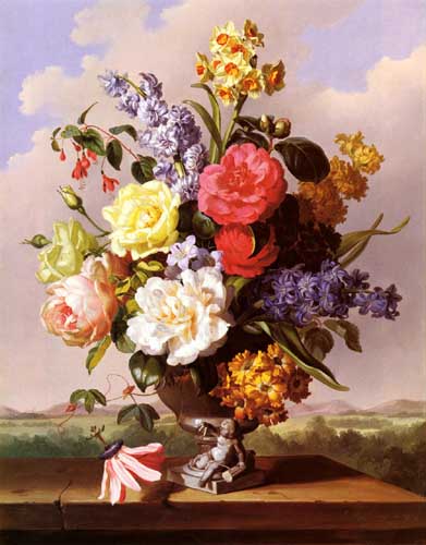 Painting Code#6288-Hartinger, Anton(Austria): Flowers In An Urn On A Ledge
