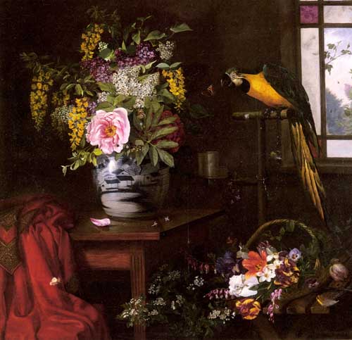 Painting Code#6289-Hermansen, Olaf August(Denmark): A Still Life With A Vase, Basket And Parrot