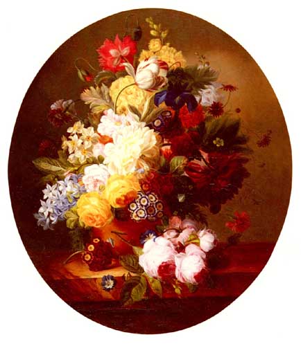 Painting Code#6306-Meyer, Louise(Germany): A Still Life With A Bouquet Of Flowers On A Marble Table