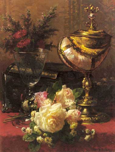 Painting Code#6319-Robie, Jean-Baptiste(Belgium): A Bouquet of Roses and other Flowers in a Glass Goblet 