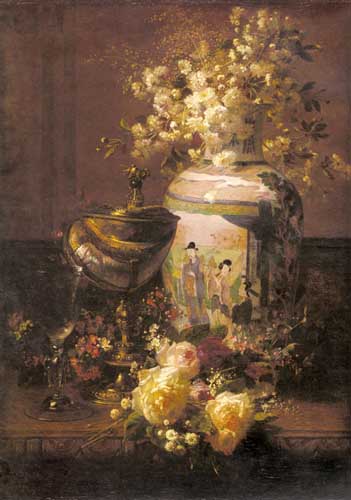 Painting Code#6320-Robie, Jean-Baptiste(Belgium): Still Life With Japanese Vase And Flowers