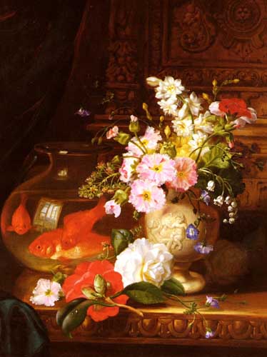 Painting Code#6324-Wainwright, John: Still Life With Camellias, Primroses And Lily Of The Valley In An Urn By A Goldfish Bowl