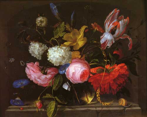Painting Code#6325-Walscapelle, Jacob: A Still Life Of Roses, Irises, Carnations, Daffodils, Parrot Tulips And Other Flowers In A Glass Vase