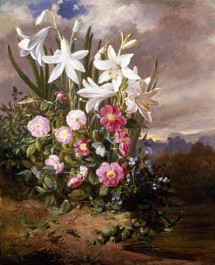 Painting Code#6341-Josef Schuster - Still Life of Flowers and Butterflies