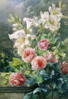 Painting Code#6349-Mary Margetts - Still Life of Lilies and Roses