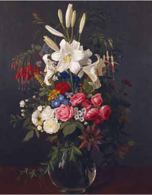 Painting Code#6352-Otto Ottesen - Lilies, Roses, Passion Flowers, Fuschias and Other Flowers in a Glass Vase