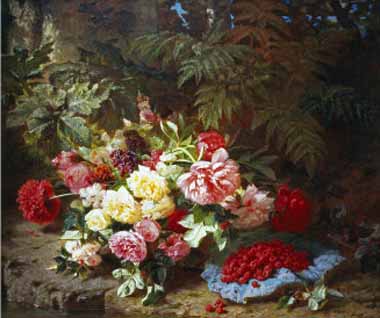 Painting Code#6355-Robie, Jean-Baptiste(Belgium) - Still Life with Roses and Raspberries