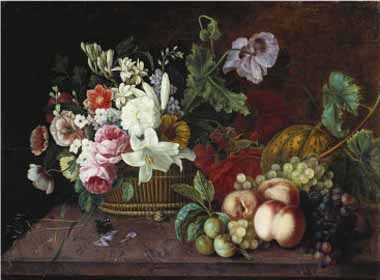 Painting Code#6361-Adele Evrard - Still Life with a Basket of Flowers and Fruit on a Marble Ledge
