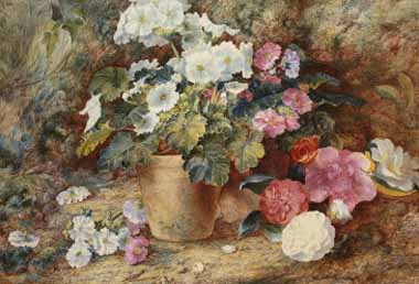 Painting Code#6366-George Clare - Still Life with Camellia Flowers on a Bank Beside a Pelargonium in a Pot