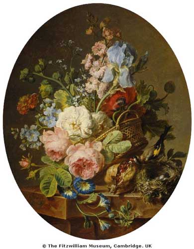 Painting Code#6376-Cornelis Spaendonck - Open wicker basket of mixed flowers 2