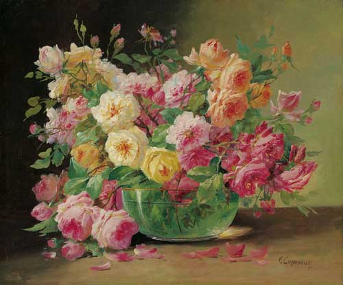 Painting Code#6379-Edmond Van Coppenolle - Roses in a Glass Bowl