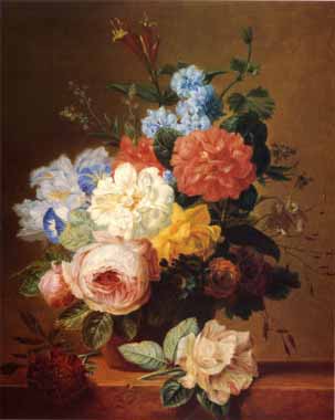 Painting Code#6382-Georgius van Os - Still Life of Flowers on a Ledge