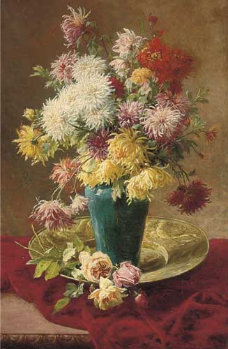 Painting Code#6385-Henri Biva - Chrysanthemums and roses in a vase on a salver