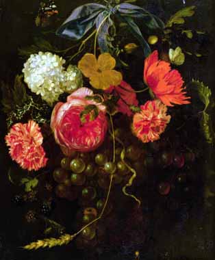 Painting Code#6390-Maria Van Oosterwyck - Still Life with a Swag of Fruits and Flowers Tied with a Blue Ribbon