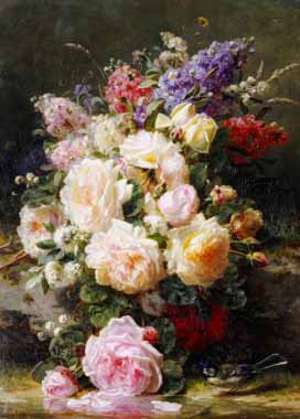 Painting Code#6391-Robie, Jean-Baptiste(Belgium) - Still Life with Roses, Syringas and a Blue Tit on a Mossy Bank