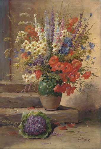 Painting Code#6392-Roger Godchaux - Summer Flowers in a Vase on a Step