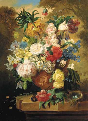 Painting Code#6394-William John Wainwright - Floral Still Life on a Marble Ledge in a Landscape