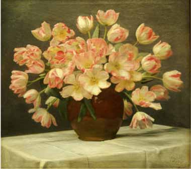 Painting Code#6406-Peter Schou - Tulips in a Vase on a Draped Table