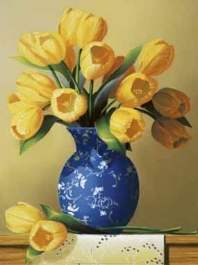 Painting Code#6412-Yellow Tulips in a Blue China Vase
