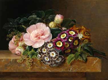 Painting Code#6416-Jensen, Johan Laurentz(Denmark) - Bouquet of Pink Camellias and Primula on Marble Ledge