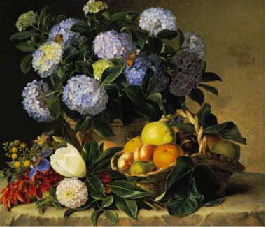 Painting Code#6417-Jensen, Johan Laurentz(Denmark) - Hydrangea in an Urn and a Basket of Fruit on a Ledge