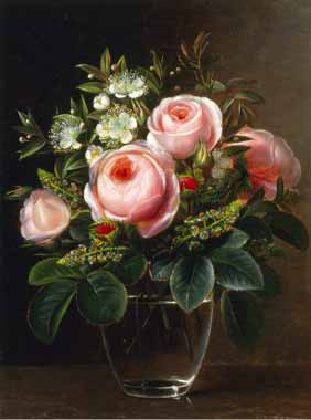 Painting Code#6418-Jensen, Johan Laurentz(Denmark) - Roses and Tree Anemone in a Glass Vase
