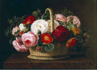 Painting Code#6421-Jensen, Johan Laurentz(Denmark) - Roses in a Basket on a Ledge