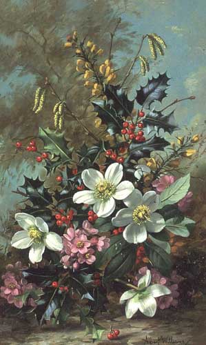 Painting Code#6429-Albert Williams - Catkins, holly and winter roses