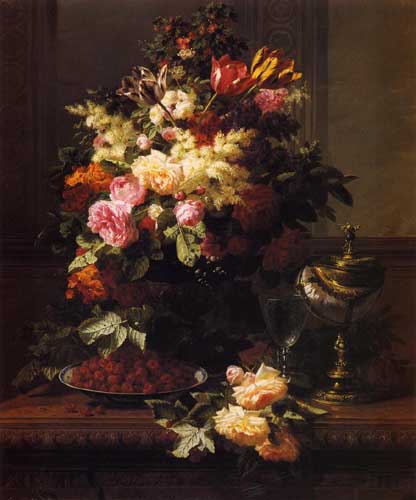 Painting Code#6451-Robie, Jean-Baptiste(Belgium) - A Still Life of Roses, Tulips and other Flowers on a Table