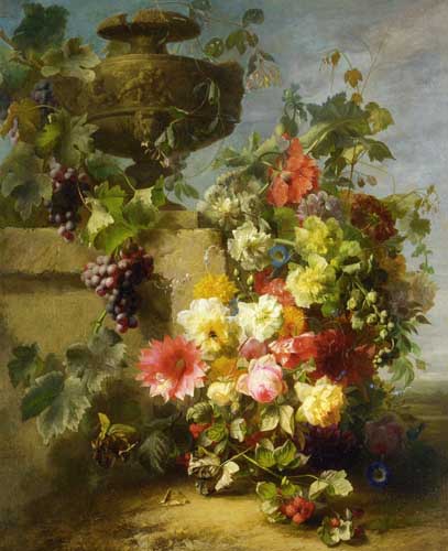 Painting Code#6453-Robie, Jean-Baptiste(Belgium) - Still Life of Roses, Morning Glories and Raspberries in a Landscape