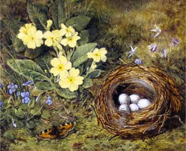 Painting Code#6476-H. Grey - Primroses with a Bird&#039;s Nest