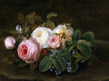 Painting Code#6479-Hansine Eckersberg - Still Life with Roses and Forget-Me-Nots