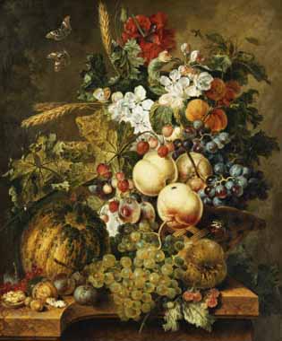Painting Code#6485-Jacobus Linthorst - Fruit and Flowers on Marble Ledges