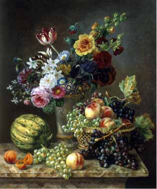 Painting Code#6491-Marie-josephine Hellemans - Rich Still Life of Fruit and Flowers