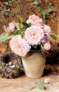 Painting Code#6513-William Henry Hunt - Still Life With Roses In A Vase And A Birds Nest