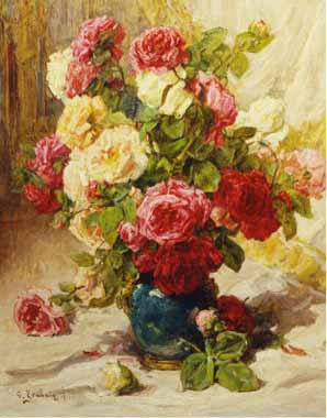Painting Code#6523-Georges Jeannin - Still Life of Roses in a Vase