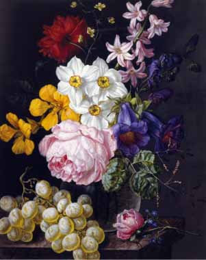 Painting Code#6527-Josef Lauer - Still Life of Roses, Hyacinths and Grapes