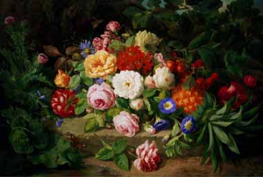 Painting Code#6528-Josef Lauer - Still Life of Summer Flowers