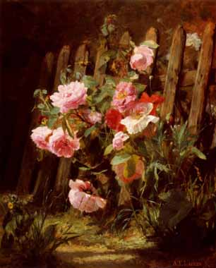 Painting Code#6532-Alfred-Frederic Lauron - Pink Roses by a Garden Fence