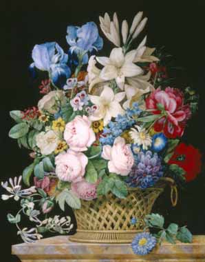 Painting Code#6552-Alexandre-Francois Desportes - Rich Still Life of Flowers in a Basket