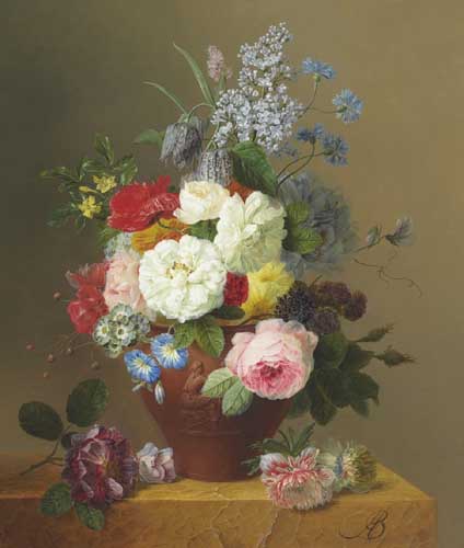 Painting Code#6553-Arnoldus Bloemers - Roses, Poppies, Cornflowers, Convulvulus, Jasmine in a terracotta Vase