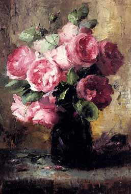 Painting Code#6580-Frans Mortelmans - Pink Roses In A Vase