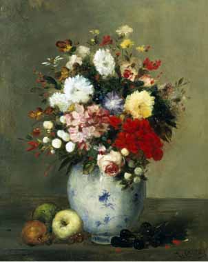 Painting Code#6598-Antoine Vollon - Still Life with Summer Flowers and Fruit
