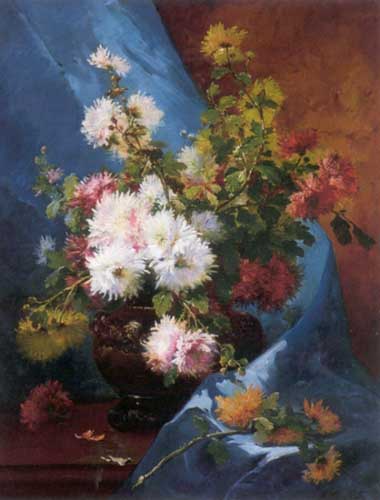 Painting Code#6615-Eugene Henri Cauchois: Still Life of Flowers with Blue Drapes 
