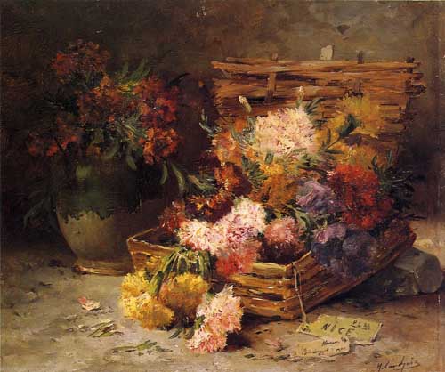 Painting Code#6616-Eugene Henri Cauchois - Still Life of Flowers in a Vase and a Basket
