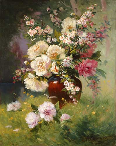 Painting Code#6620-Eugene Henri Cauchois: Anenomes and Cherry Blossoms